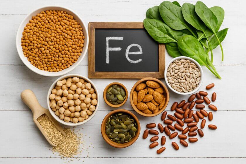 Eisen / Eisenhaltige Lebensmittel wie Linsen, Kichererbsen, Spinat, Kürbiskerne, Sonnenblumenkerne, Mandeln und Quinoa rund um eine kleine Tafel mit dem Symbol ‚Fe‘ auf hellem Holz.