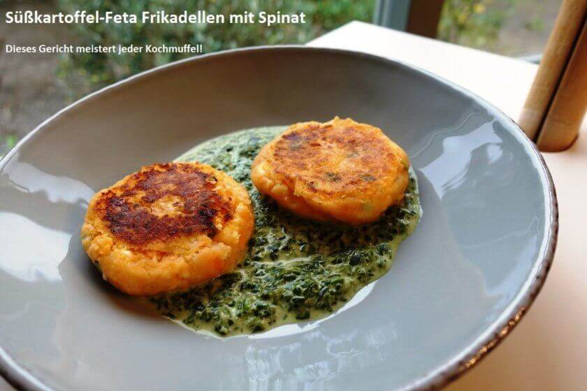 Süßkartoffel-Feta-Frikadellen mit Spinat Süßkartoffel-Feta-Frikadellen mit Spinat