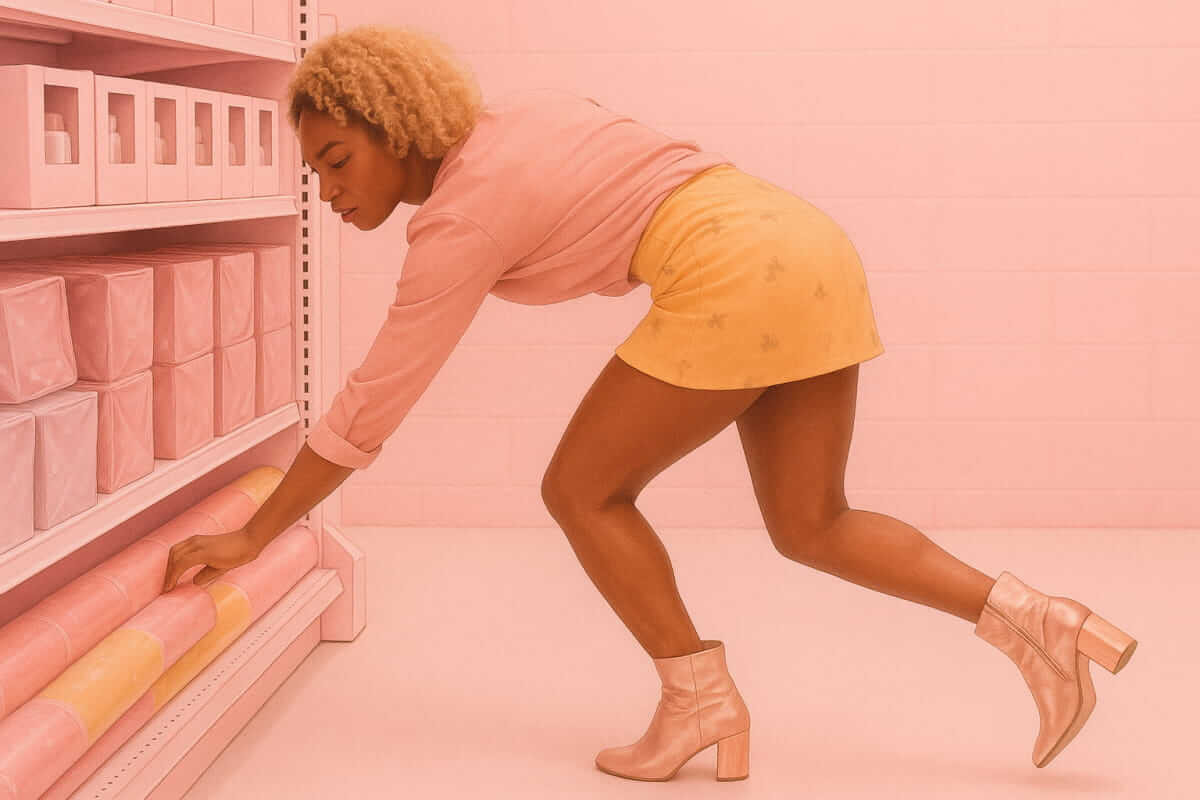 Supermärkte der Zukunft (Frau in rosa Hemd und gelben Rock im Supermarkt)