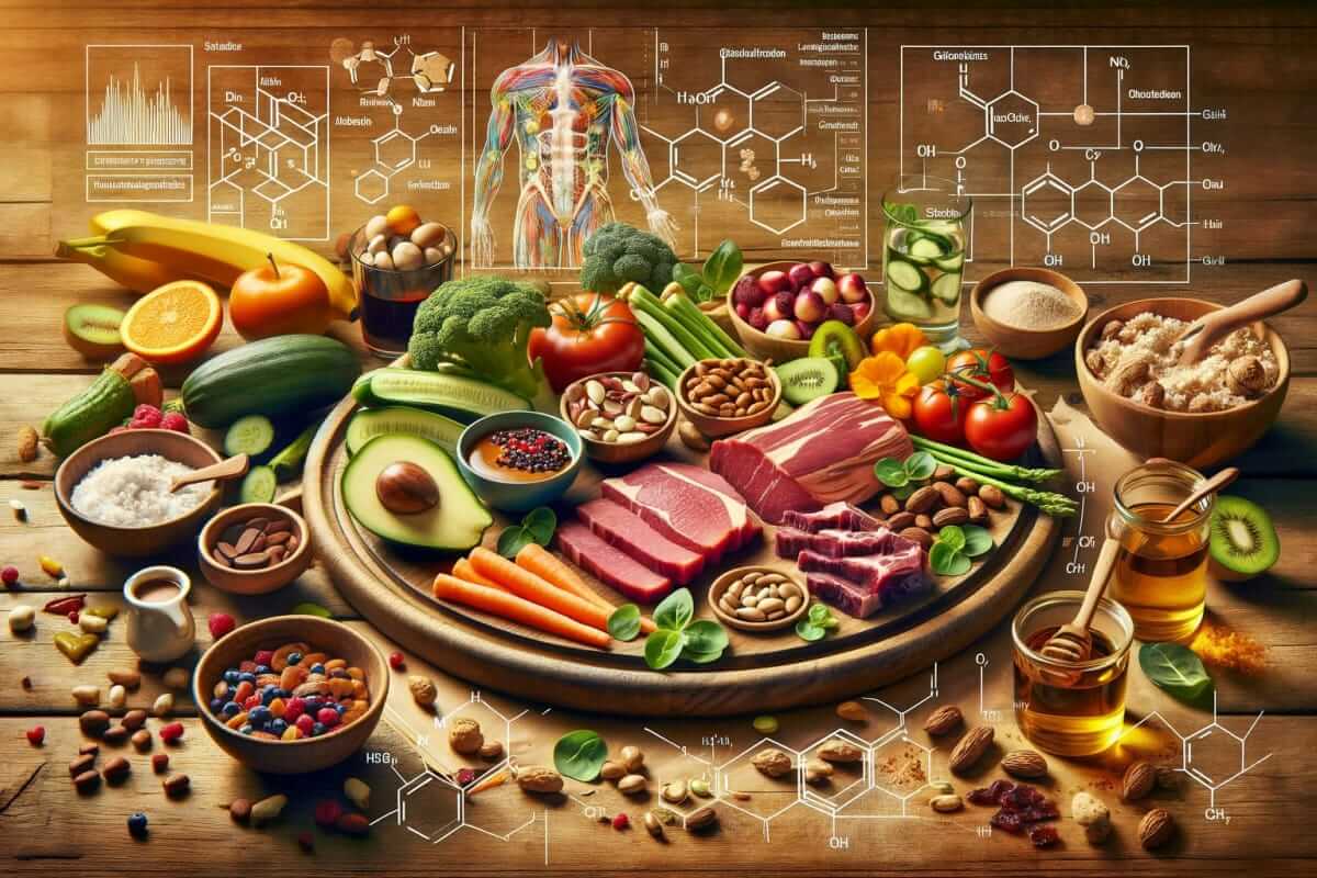 Makronährstoffe (gesundes, ausgewogenes Essen, umgeben von frischen Lebensmitteln und ergänzt durch schematische Darstellungen von Molekülstrukturen)