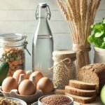 Ernährungsmythen / Ein moderner Küchentisch mit einer Auswahl gesunder Lebensmittel, darunter Avocados, Nüsse, Vollkornbrot, Hülsenfrüchte, Eier und ein Glas Wasser. Zusätzlich eine wiederverwendbare Wasserflasche und ein kleiner Korb mit Blaubeeren, dekorativ arrangiert auf einer hellen Holzoberfläche, mit natürlichem Licht und frischer Atmosphäre.