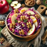 Wintergemüse, Januar (A vibrant and appetizing image of a winter salad featuring finely shredded red cabbage, fresh apple slices, chopped walnuts, and a light drizzle of honey mustard dressing.)