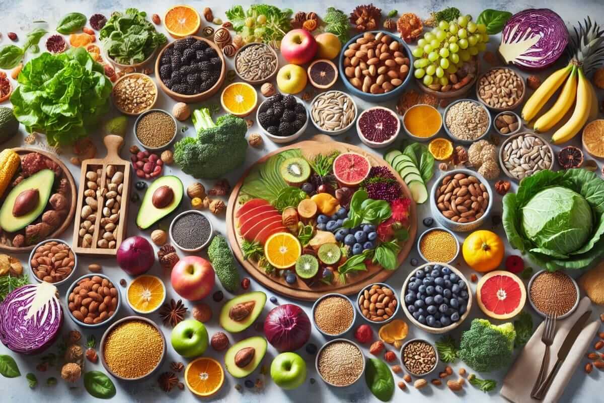 Mikronährstoffe / Vielfältige Auswahl an gesunden Lebensmitteln wie frisches Obst, Gemüse, Nüsse, Samen und Hülsenfrüchte auf einem Tisch, kunstvoll arrangiert.