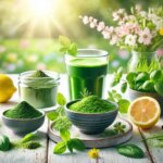 Frühlingsdetox / The scene features a glass of green smoothie and a bowl of fresh superfoods like Spirulina powder, Matcha, lemon slices, and fresh herbs (e.g., basil and parsley) on a bright wooden table.