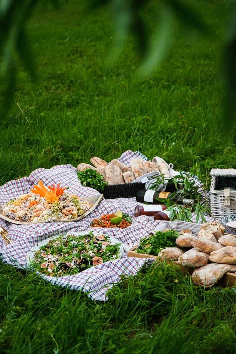 Sommer, Abnehmen (Sommerliches Picknick auf der Wiese mit frischen Salaten, Brot und Kräutern – leichtes, buntes Essen für warme Tage)