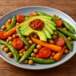 Teller mit geröstetem Ofengemüse auf rustikalem Holztisch: Möhrenstifte, halbierte Tomaten, Kichererbsen und Kaiserschoten, garniert mit Avocadoscheiben und rotem Pesto.