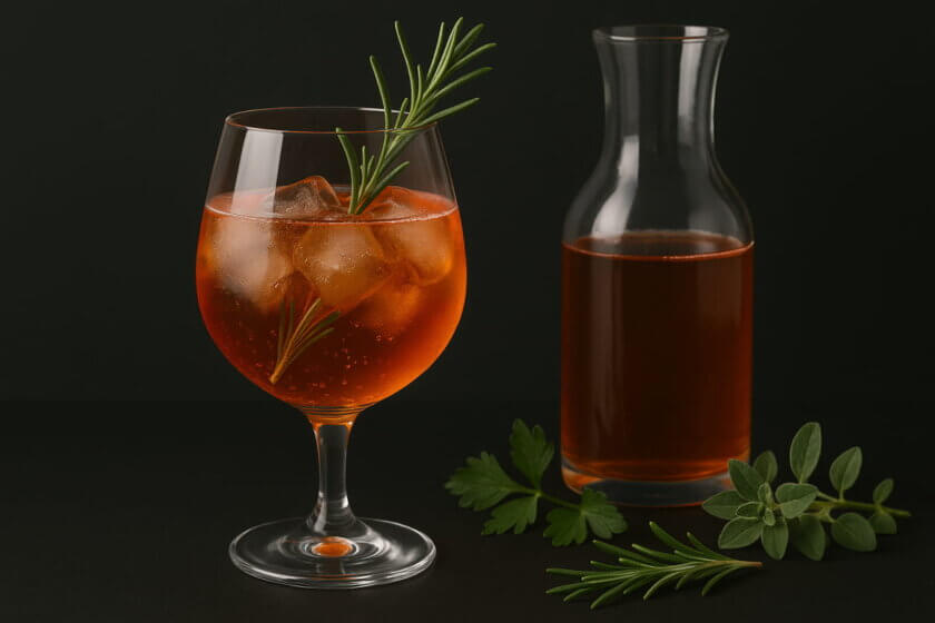 Bitter, herb (Glas mit goldenem oder bernsteinfarbenem Getränk (z. B. Wermut oder Bitter-Aperitif), Eiswürfel, Orangenzeste und ein Rosmarinzweig, dunkler Hintergrund, leicht verschwommenes Licht.)