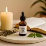 CBD-Öl-Flasche mit Pipette auf Tablett neben Kerze, Buch und getrockneten Kräutern – Symbol für Entspannung, Achtsamkeit und einen gesunden Lebensstil.