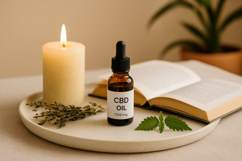 CBD-Öl-Flasche mit Pipette auf Tablett neben Kerze, Buch und getrockneten Kräutern – Symbol für Entspannung, Achtsamkeit und einen gesunden Lebensstil.