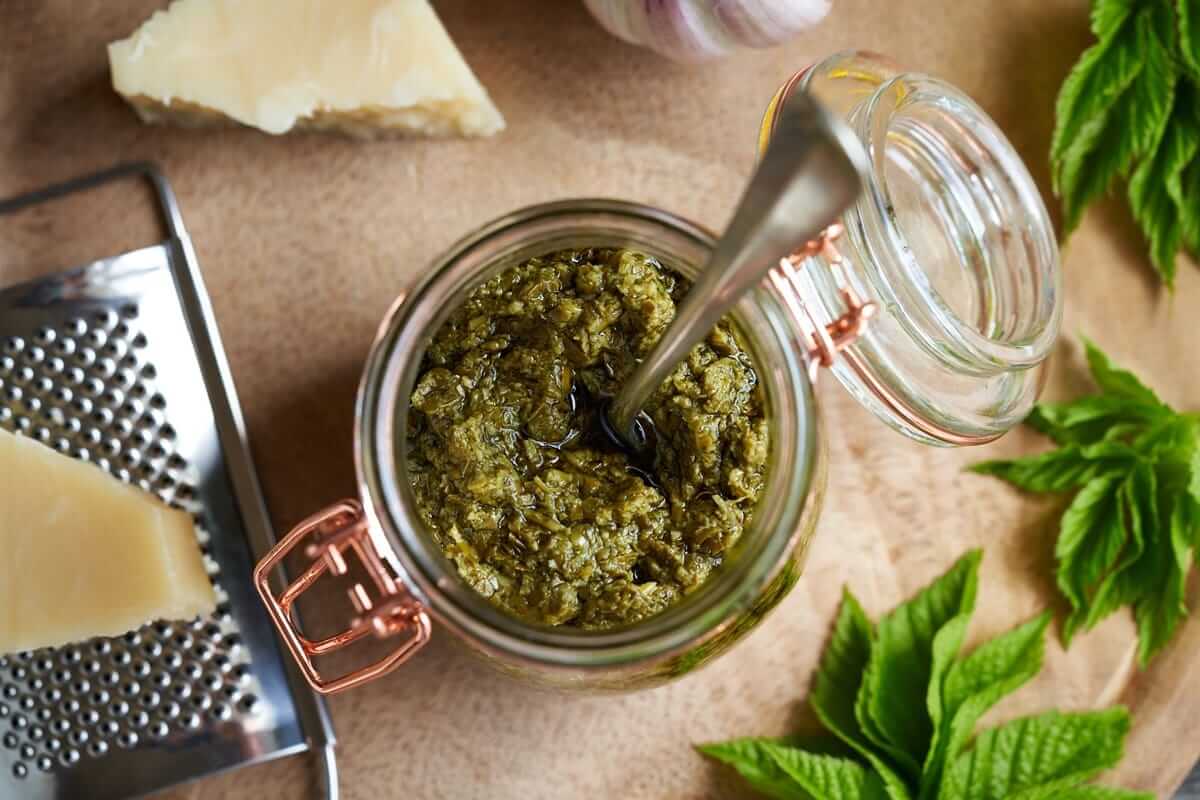 Giersch: Das unterschätzte Wildkraut für mehr Grün in deinem Teller Selbstgemachtes Giersch-Pesto im Glas, serviert mit Parmesan und frischen Kräutern