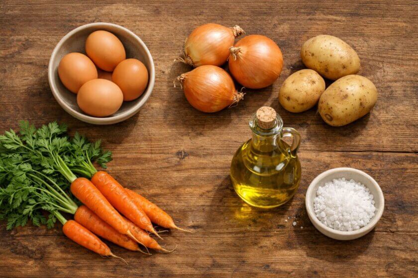 Fünf Koch-Grundzutaten auf Holzarbeitsplatte: Eier, Zwiebeln, Kartoffeln, Karotten, Olivenöl und Salz