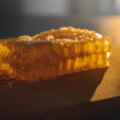 Manuka Honig / Honigwabe auf einem Holzbrett im warmen Gegenlicht