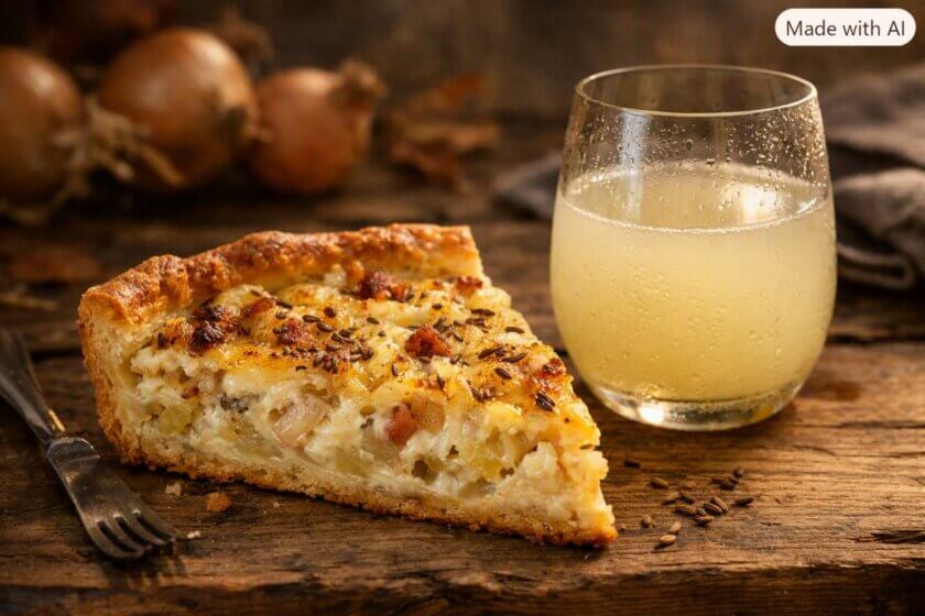Ein Stück warmer Zwiebelkuchen mit Kümmel neben einem Glas Federweißer auf rustikalem Holztisch